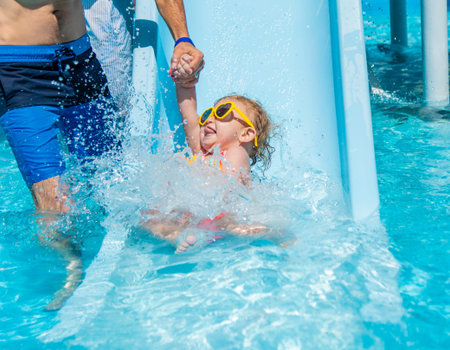 Baby swims in the pool. Selective focus.