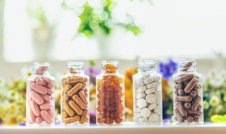 Homeopathy and dietary supplements from medicinal herbs. Selective focus.