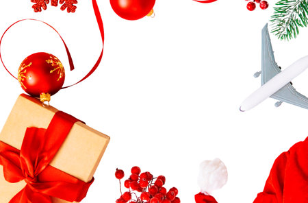 Christmas background with airplane, travel. Selective focus