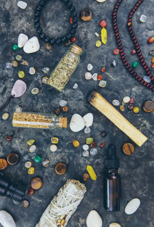 Stones, crystals, and accessories. Selective focus.の写真素材