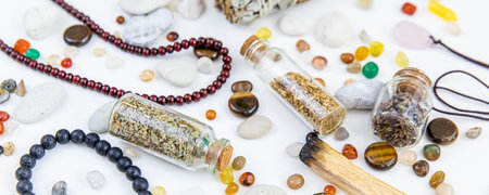 Stones, crystals, and accessories. Selective focus.の写真素材