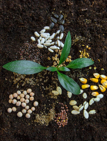 Seeds in bags on the soil. Selective focus.の写真素材