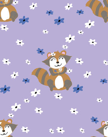 Cartoon racoon pattern. Seamless vector design. Suitable for use on fabrics for baby kids clothesのイラスト素材
