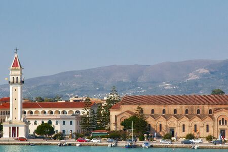 Zakynthos Town, Greece - view from the pier to the Lomvardou street, Church Saint Dionisos and the Bell Tower, in summerの写真素材