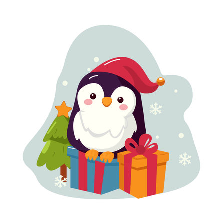 Cute penguin with christmas tree and gift box vector illustration.のイラスト素材