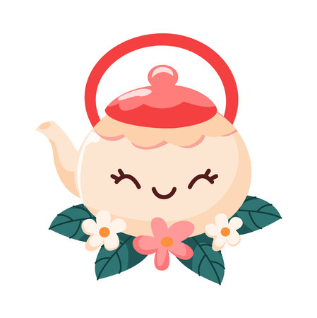 Cute cartoon kawaii teapot with flower. Vector illustration.のイラスト素材
