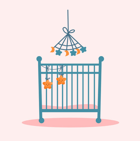 Crib with baby toys. Vector illustration in flat style on pink background.のイラスト素材