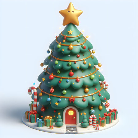 Christmas tree cartoon 3d character isolated on white backgroundの素材