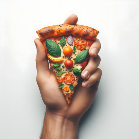 Pizza in hand. Hand holding a slice of pizza on a white backgroundの素材