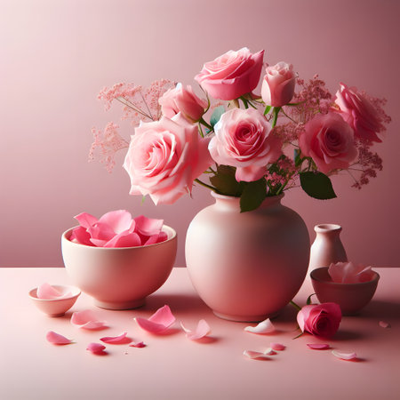 Pink roses in a vase on a pink background. 3d renderingの素材
