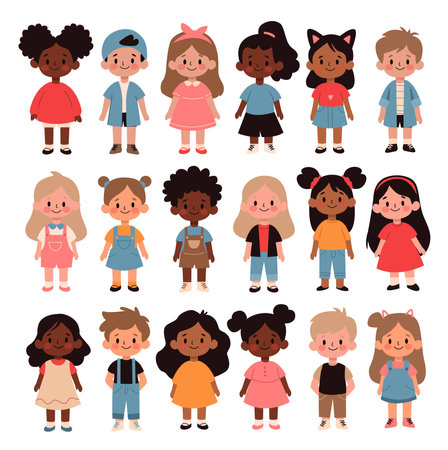 Cute little girls, kids in different clothes. Vector illustration.のイラスト素材