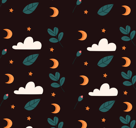 Seamless pattern with clouds, stars and leaves. Vector illustration.のイラスト素材