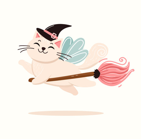Cute cartoon cat flying on a broomstick. Vector illustration.のイラスト素材