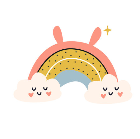Cute rainbow with clouds. Vector illustration in flat cartoon style.のイラスト素材