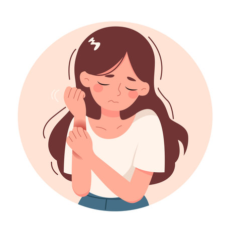 Suffering from pain in muscles, joints, injuries concept. Young unhappy woman cartoon character standing and holding painful hand feeling strong pain.のイラスト素材