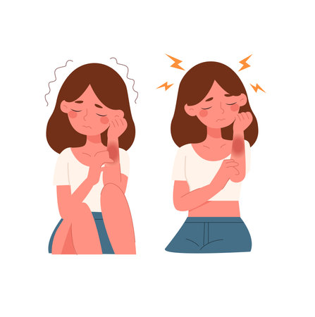 Suffering from pain in muscles, joints, injuries concept. Young unhappy woman cartoon character standing and holding painful palm feeling strong pain.のイラスト素材