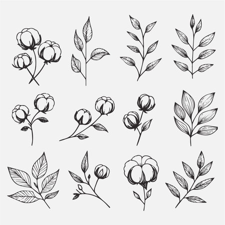 Set of hand drawn flowers and leaves. Vector illustration isolated on white background.のイラスト素材