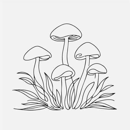 mushrooms in grass, hand drawn vector illustration, doodleのイラスト素材