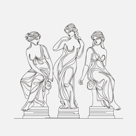 Greek goddesses, ancient Greece, vector line art illustration isolated on white backgroundのイラスト素材