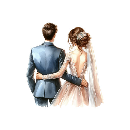 Beautiful bride and groom in wedding dress. Watercolor illustration.のイラスト素材