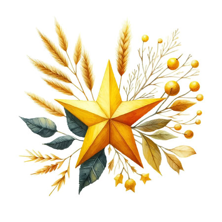 Watercolor golden star with wheat ears, leaves and herbs isolated on white background.のイラスト素材
