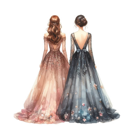 Watercolor illustration of two beautiful girls in elegant evening dresses. High quality photoのイラスト素材