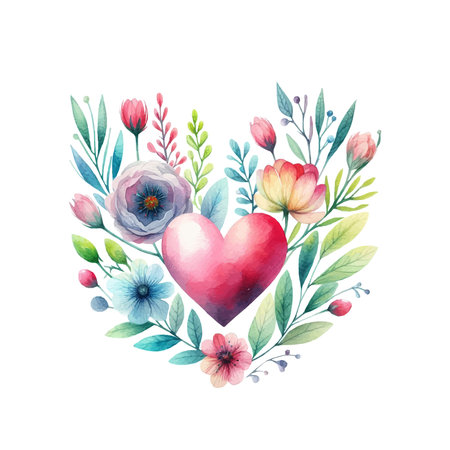 Watercolor heart with flowers and leaves. Valentine's day illustration.のイラスト素材