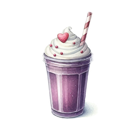 Purple milkshake with whipped cream in glass. Watercolor illustrationのイラスト素材
