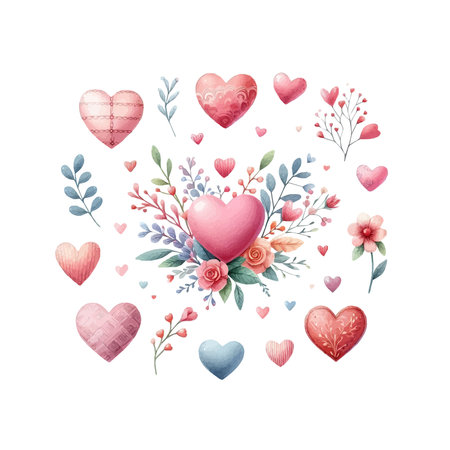 Watercolor hearts and flowers on a white background. Vector illustration.のイラスト素材