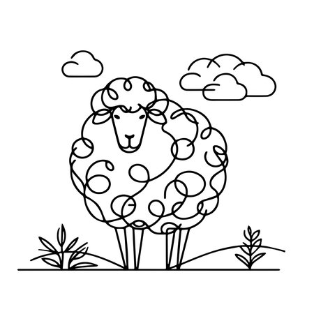 Sheep in the field. Hand drawn illustration. Vector line art.のイラスト素材