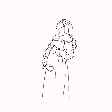 Continuous one line drawing of mother holding her baby. Vector illustrationのイラスト素材