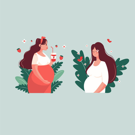Pregnant woman drinking coffee. Vector illustration in flat style.のイラスト素材