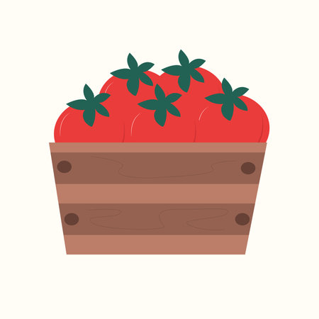 tomatoes in wooden box. Vector illustration in flat style.のイラスト素材