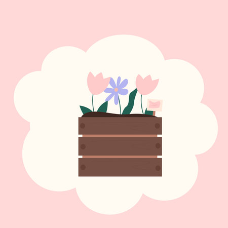 Flowers in a wooden box. Vector illustration in flat style.のイラスト素材