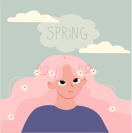 Girl with pink hair. Spring. Vector illustration in flat style.のイラスト素材