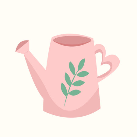 Watering can with green leaves. Vector illustration in flat style.のイラスト素材
