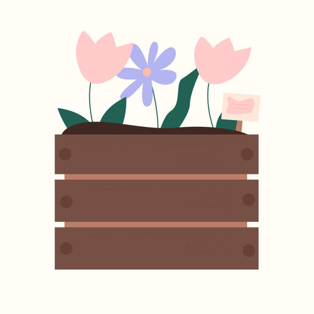 Flowers in a wooden box. Vector illustration in flat style.のイラスト素材