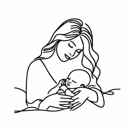 Grandmother holding bouquet of flowers. Continuous line drawing. Vector illustration.のイラスト素材