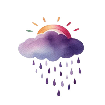 Watercolor illustration of a rain cloud with sun and raindrops.の素材