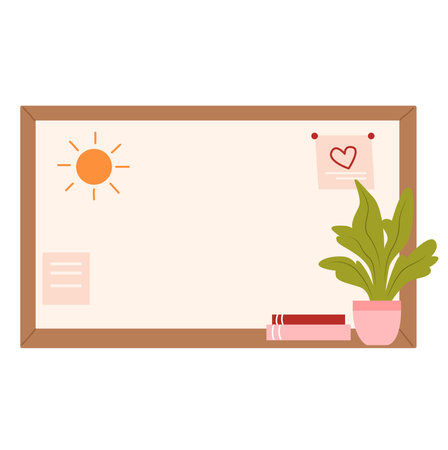 blackboard with a picture of a sun, a flower in a pot and a heart.のイラスト素材