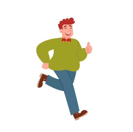 Young happy man running and gesturing thumbs up, male character vector Illustrationのイラスト素材