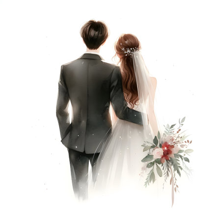 Wedding photo of bride and groom on white background, digital paintingの素材