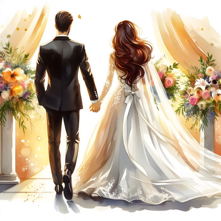 Wedding couple. Bride and groom on the background of flowersの素材