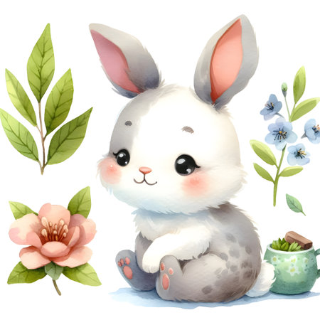 Cute cartoon bunny with flowers on a white background - illustration for childrenの素材
