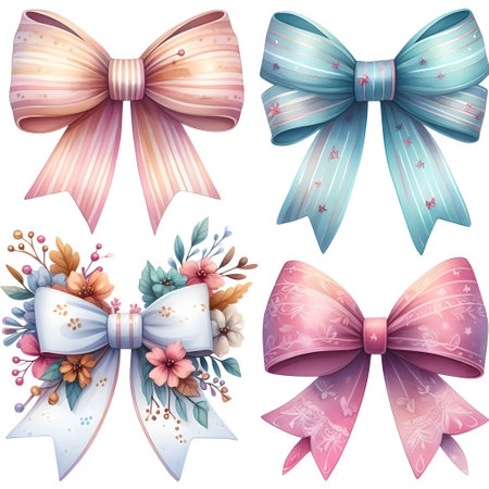 Set of colorful bows with flowers, leaves and berries. Vector illustration.の素材