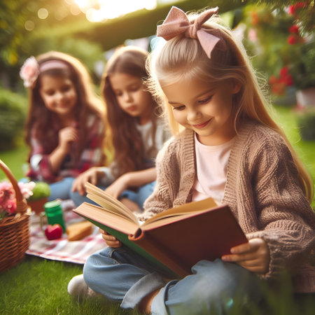 Cute little girls are reading a book and smiling while sitting in the gardenの素材