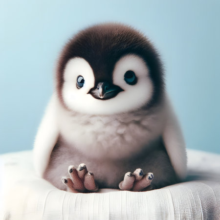 Cute little penguin on a blue background, close-upの素材