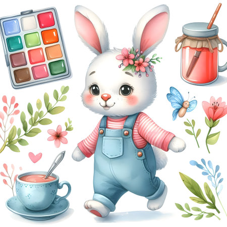 Cute cartoon baby bunny with flowers, cup of tea, paints and brushes. Watercolor illustration.の素材