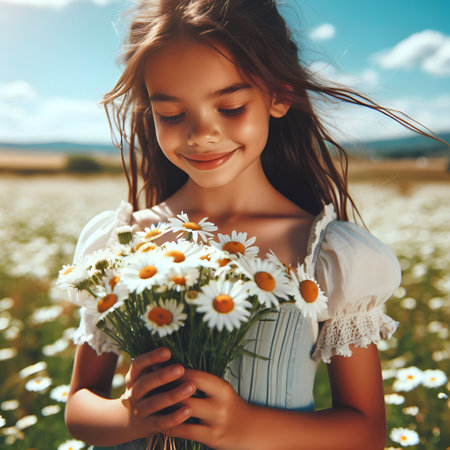 Beautiful young girl with a bouquet of daisies in the fieldの素材