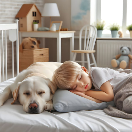 Cute little boy sleeping with his dog in children's room at homeの素材